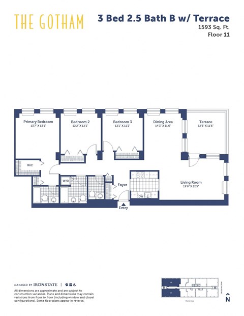 Floor plan for 3 beds, 2.5 baths, 1593 sqft